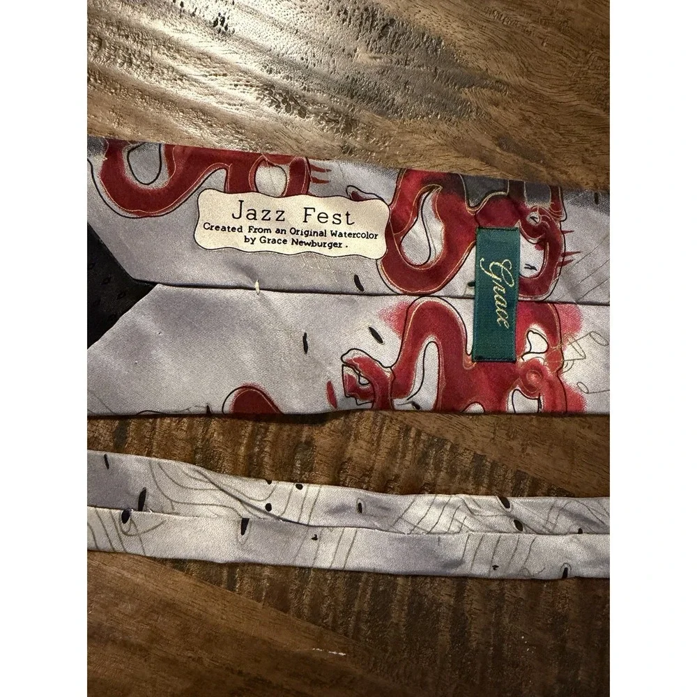 Grace Newburger Jazz Fest Silk Necktie Hand Finished Music Notes Watercolor